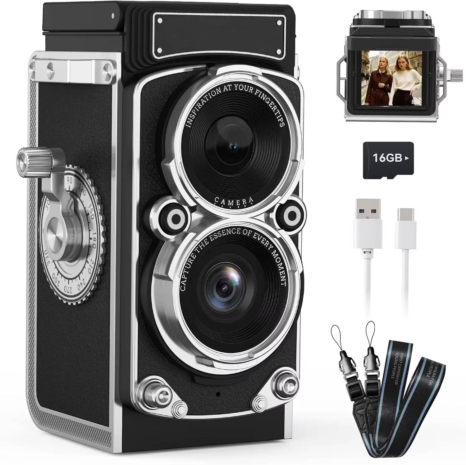 Appareil photo numérique compact rétro 12 Mpx à prise de vue instantanée, vidéo 1080p, carte 16 Go, batterie 1000 mAh