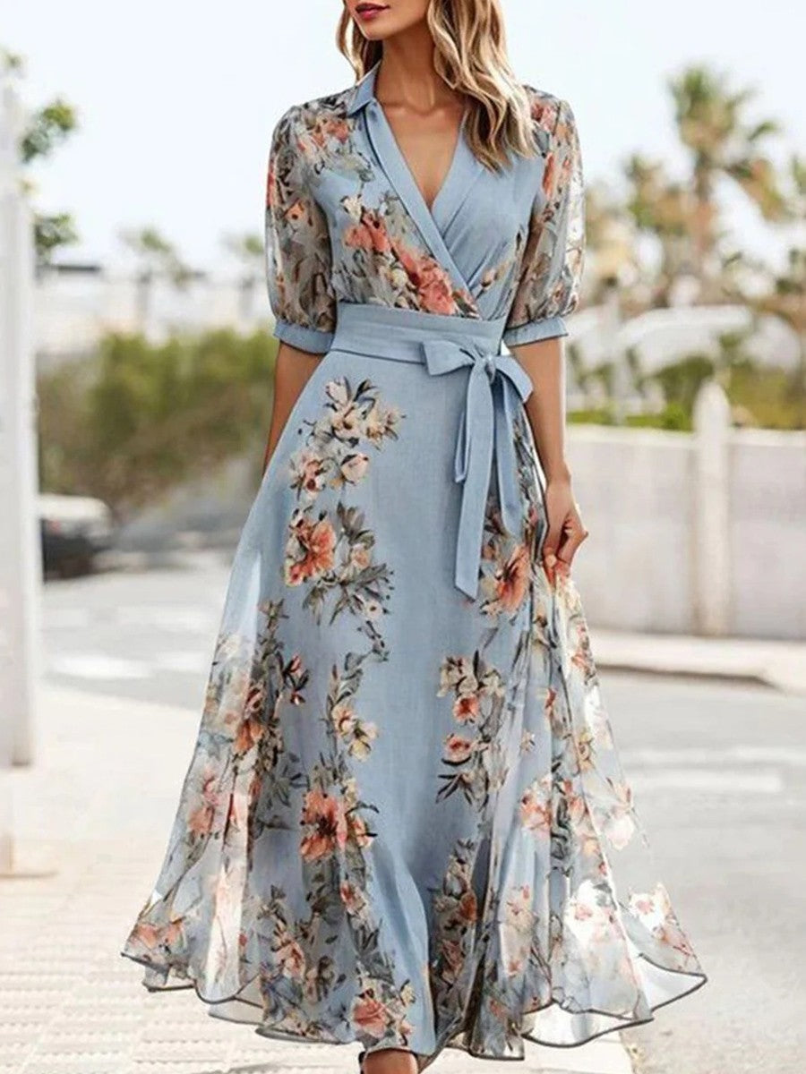 Robe Midi Lily en chiffon avec imprimé floral, manches transparentes, ceinture à nouer