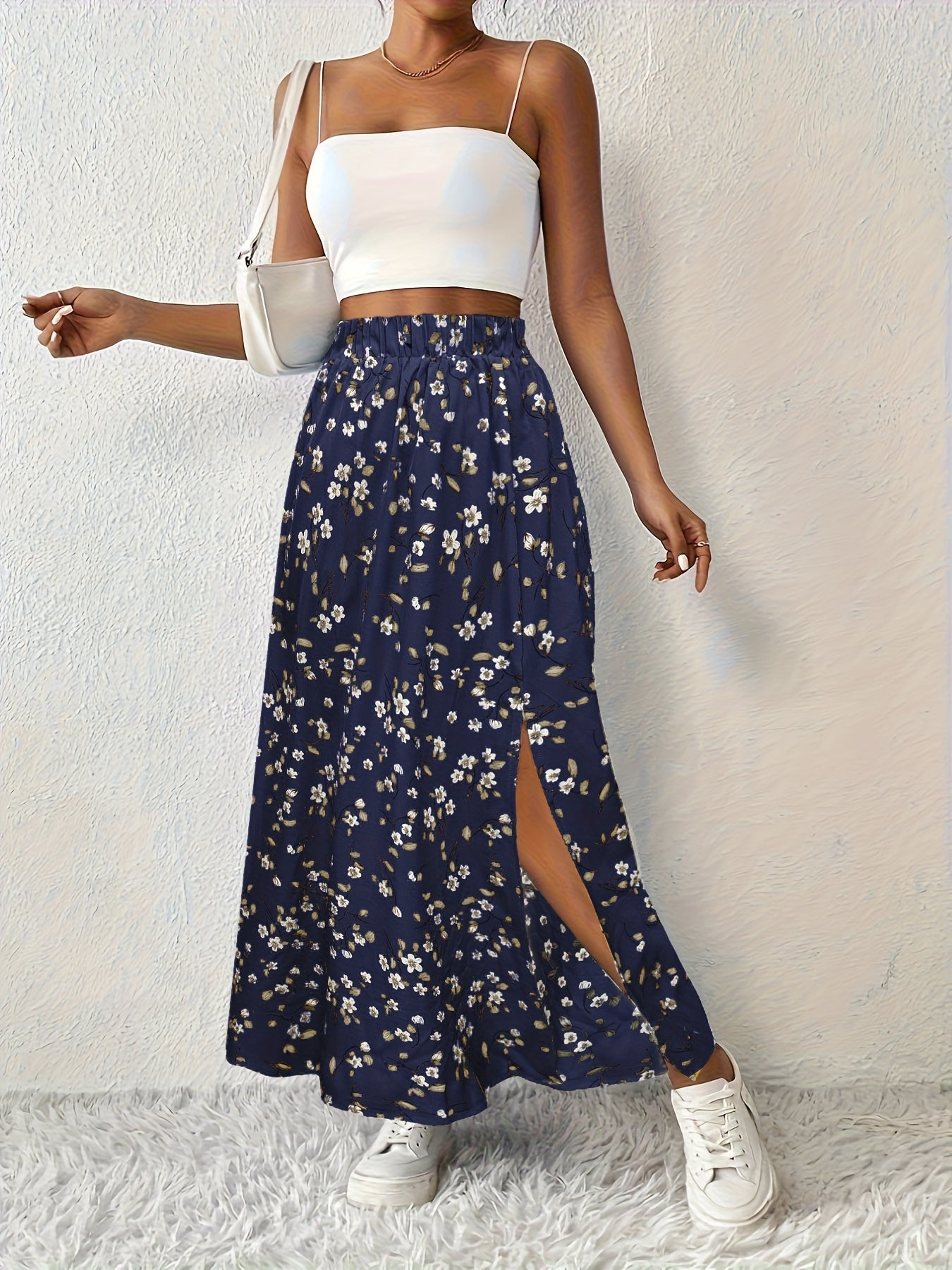 Jupe maxi d'été élégante à imprimé floral et fente légère pour femmes