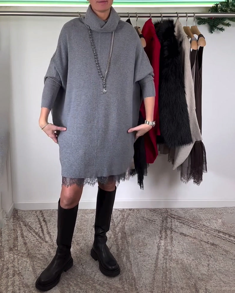 Ensemble Robe en Dentelle Maille – Bretelles, Col Haut et Manches Chauve-Souris