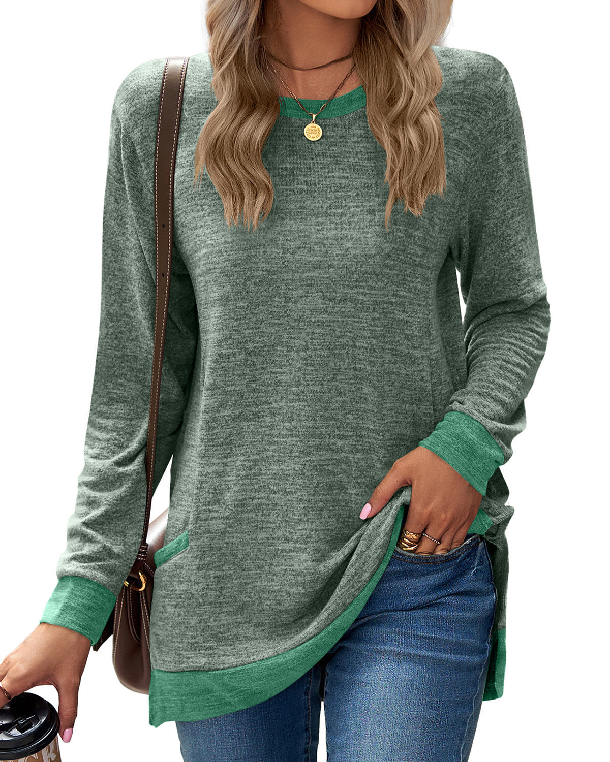 Pull doux et décontracté à manches longues pour femmes, tunique à col rond, tricot en coton et cachemire, haut mi-long avec poches pour tenue décontractée