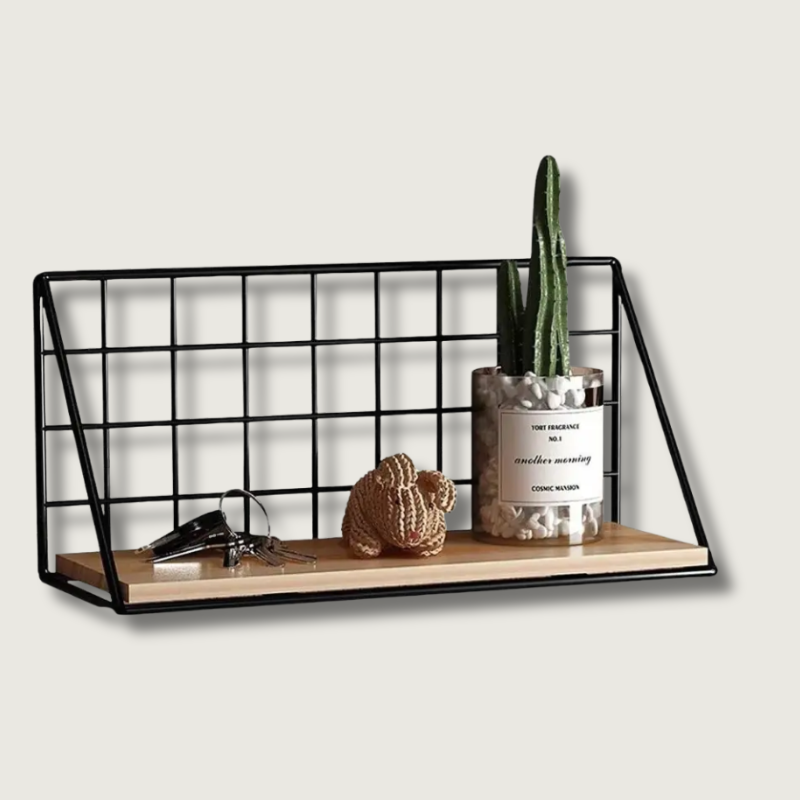 Étagère murale moderne | Présentoir en bois avec grille en métal noir
