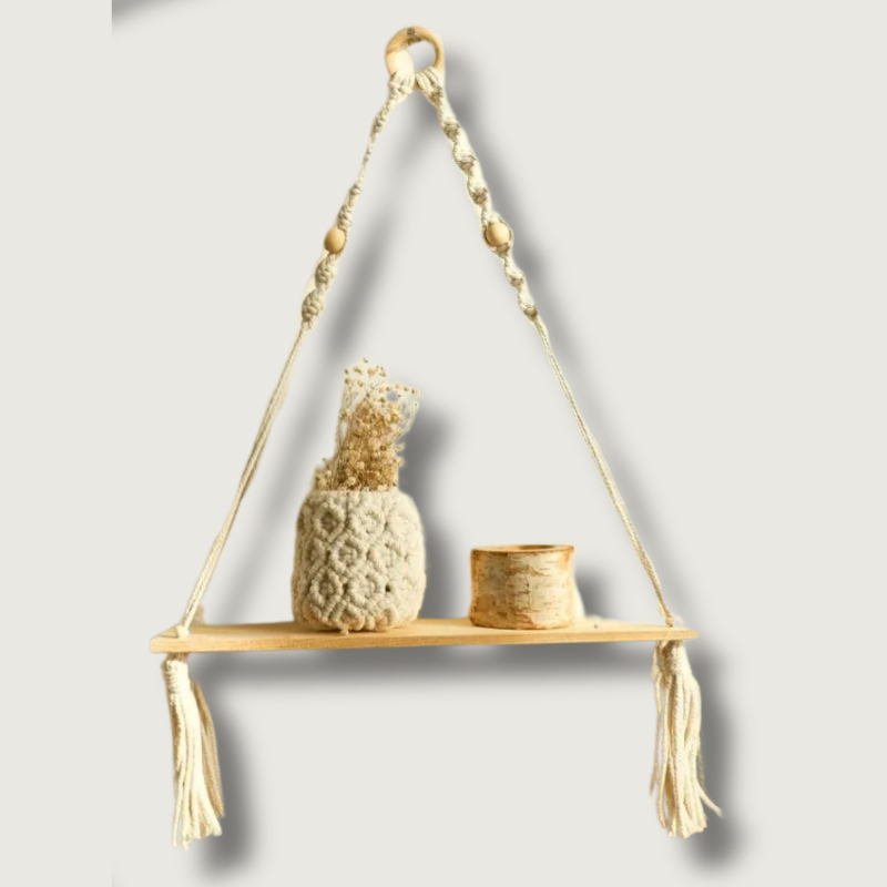 Étagère murale en macramé et bois naturel, présentoir suspendu bohème — étagère flottante 50 cm pour plantes, livres et déco