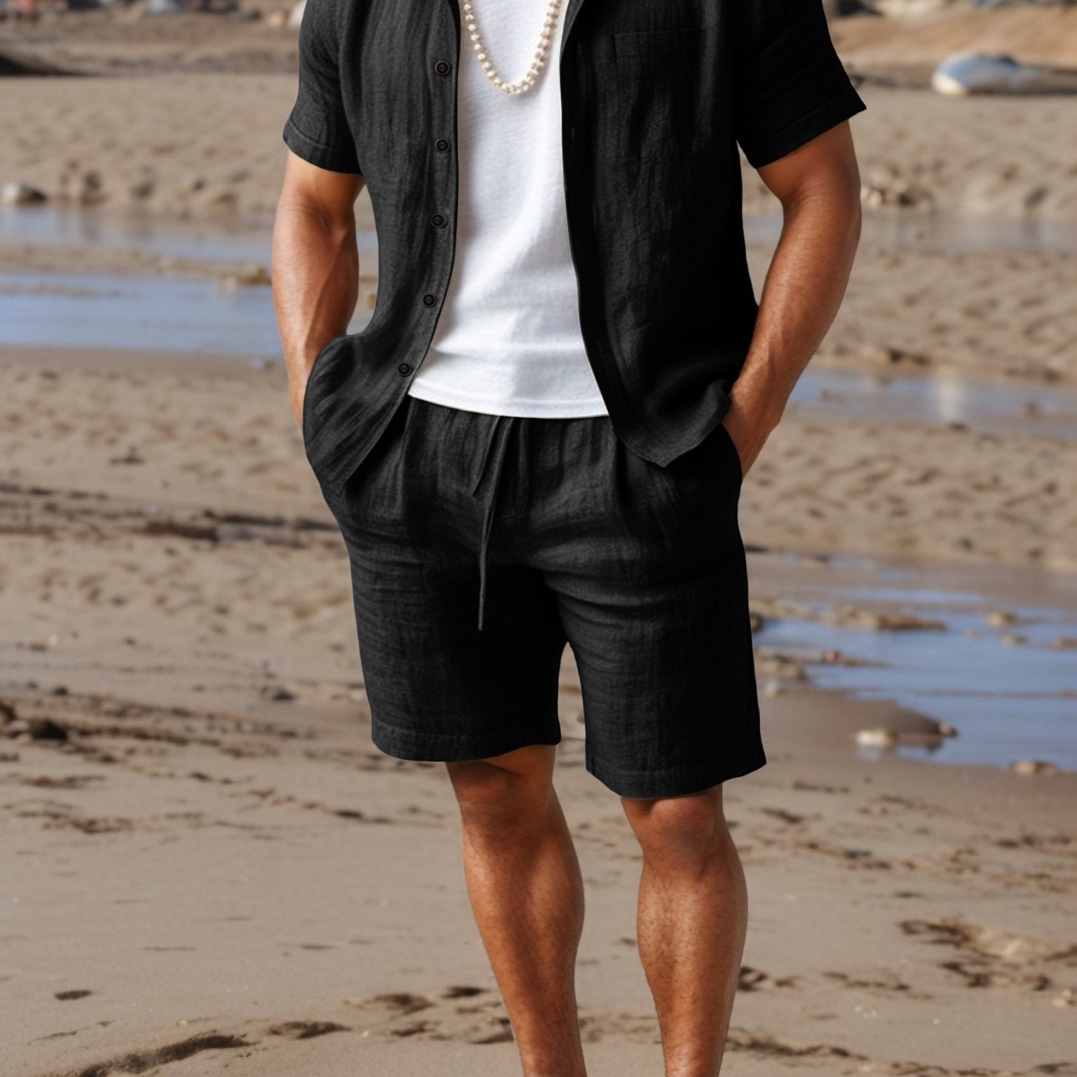 Ensemble d'été en lin pour homme avec chemise à manches courtes et shorts confortables