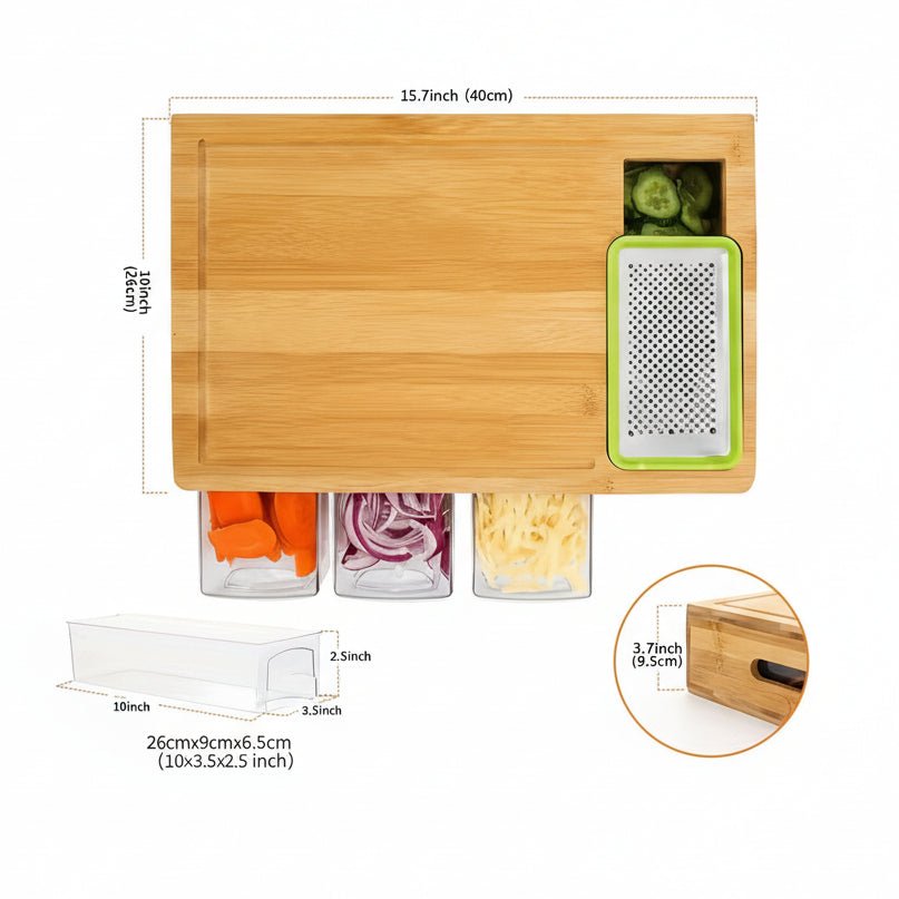 ECOCUT – Planche à découper en bambou durable avec système de lames et bacs de rangement