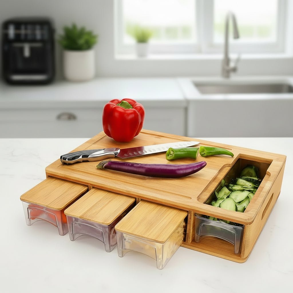 ECOCUT – Planche à découper en bambou durable avec système de lames et bacs de rangement