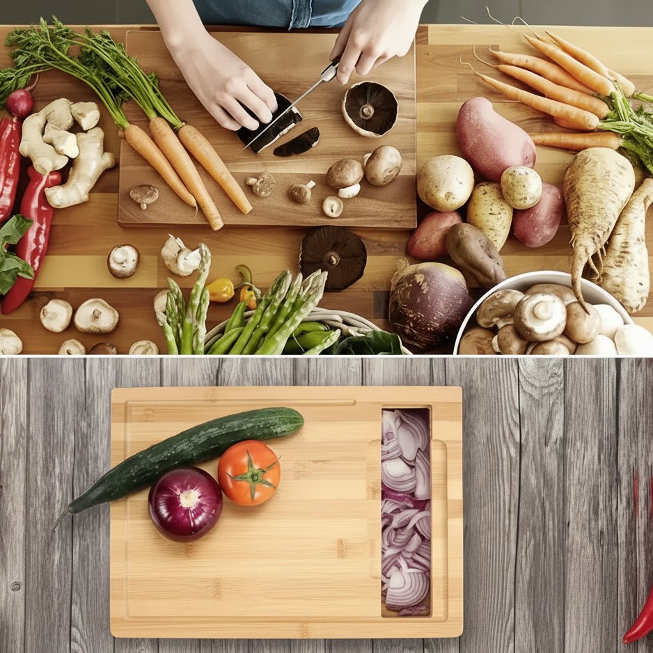 ECOCUT – Planche à découper en bambou durable avec système de lames et bacs de rangement