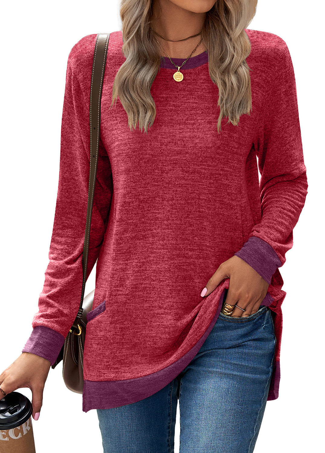 Pull doux et décontracté à manches longues pour femmes, tunique à col rond, tricot en coton et cachemire, haut mi-long avec poches pour tenue décontractée