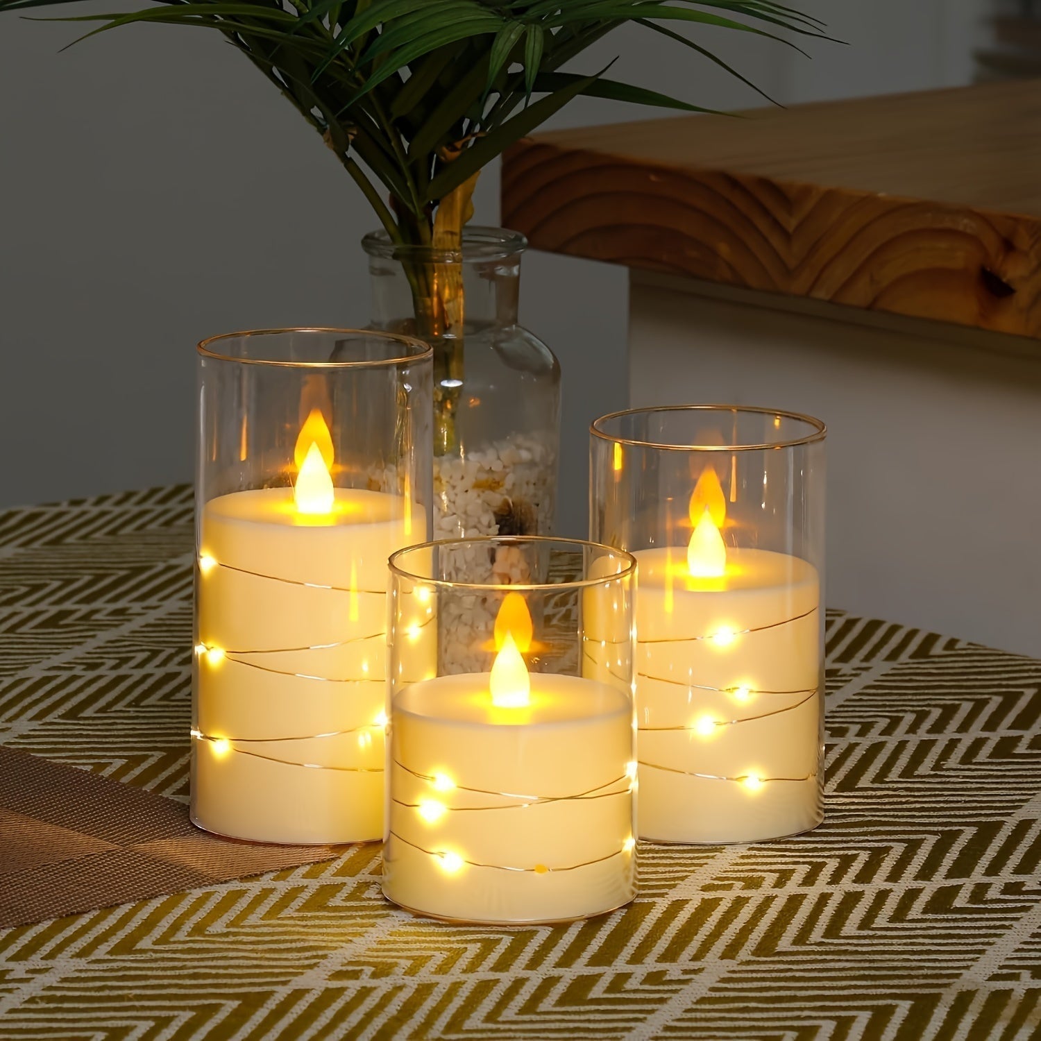 Ensemble de bougies LED sans flamme | Cylindre en verre avec guirlandes lumineuses