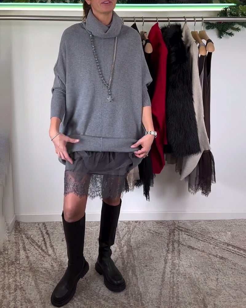 Ensemble Robe en Dentelle Maille – Bretelles, Col Haut et Manches Chauve-Souris