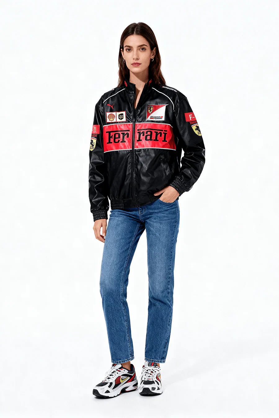 Veste de course Ferrari Vintage en cuir – Unisexe – Rétro (oversize)