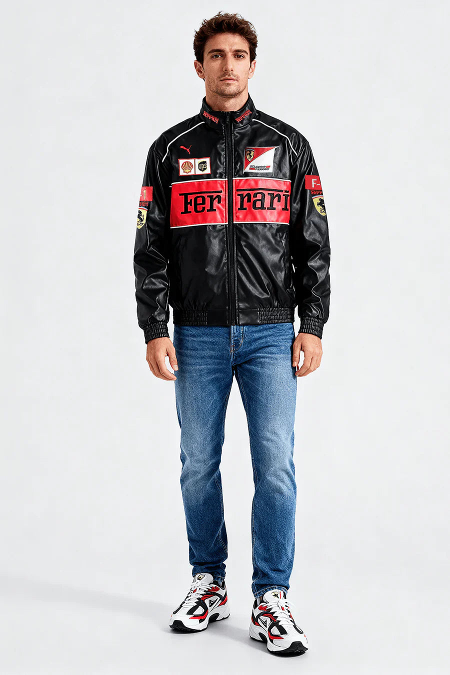 Veste de course Ferrari Vintage en cuir – Unisexe – Rétro (oversize)