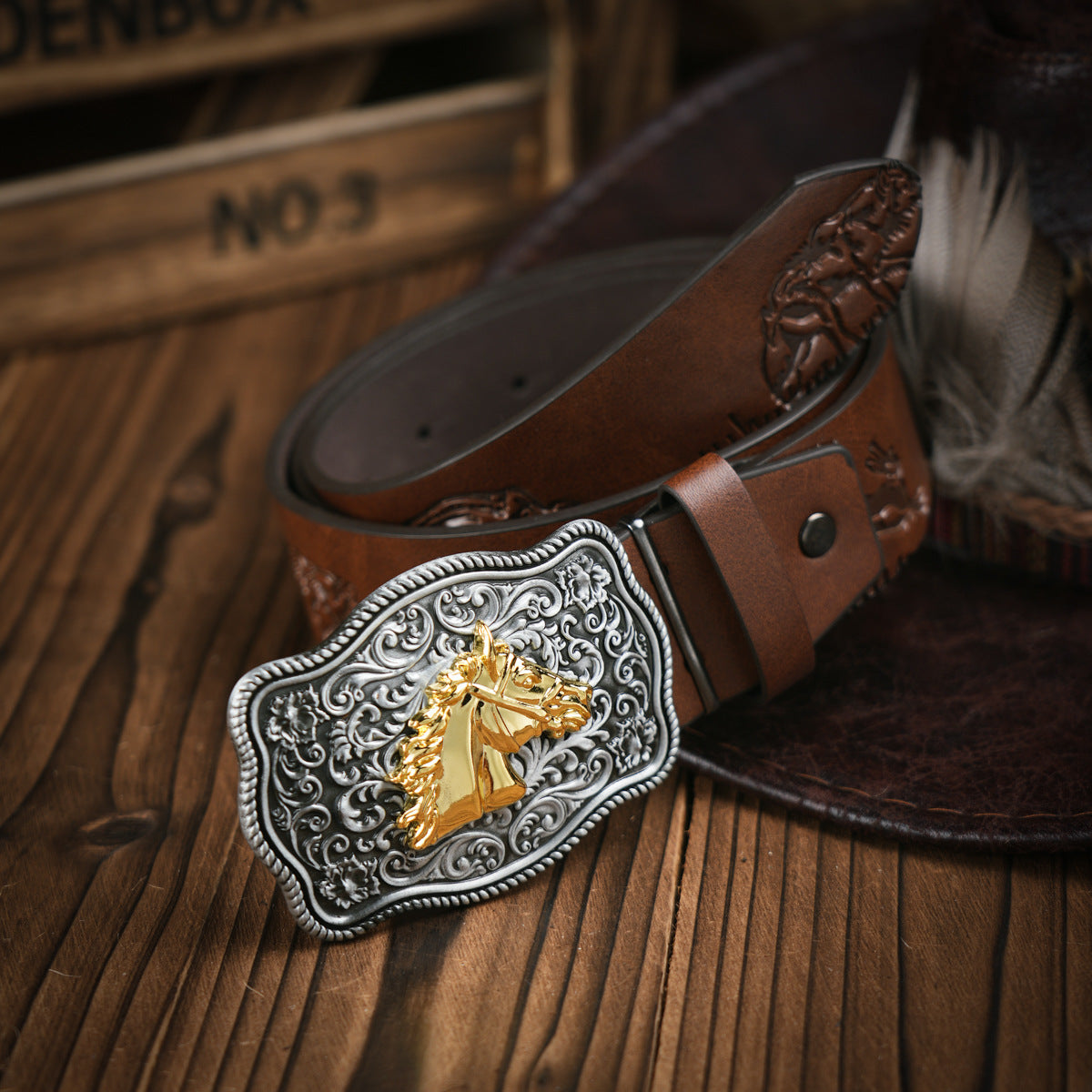 Ceinture pour hommes de style occidental – Ceinture en cuir végétalien avec boucle en métal robuste