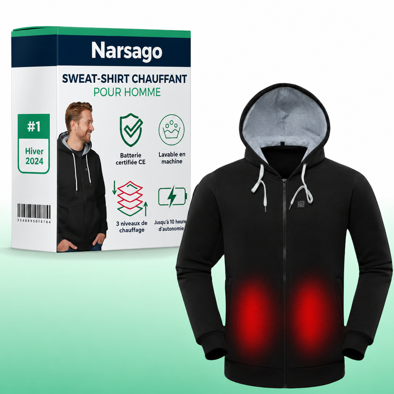 Sweat-shirt chauffant Narsago X noir porté en extérieur par temps froid