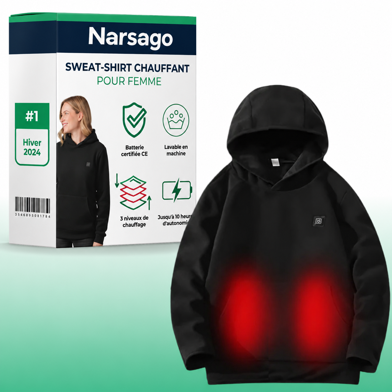 Sweat-shirt chauffant Narsago X porté en extérieur, vue de face montrant le design moderne et confortable