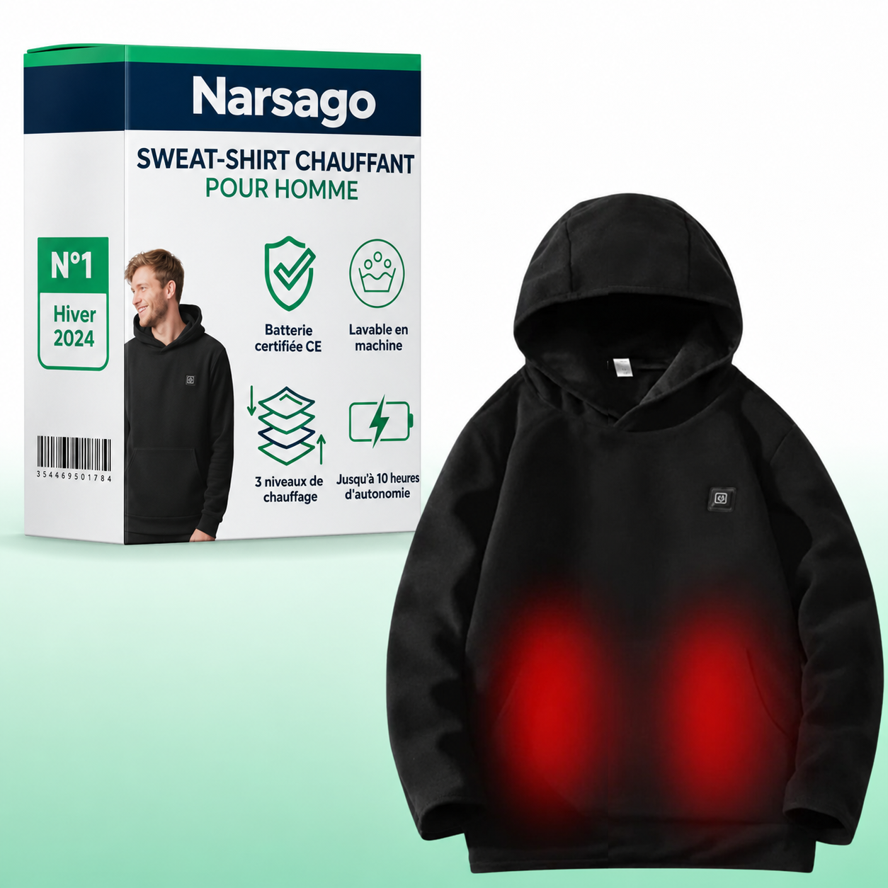Sweat-shirt chauffant Narsago X porté par une personne en extérieur par temps froid