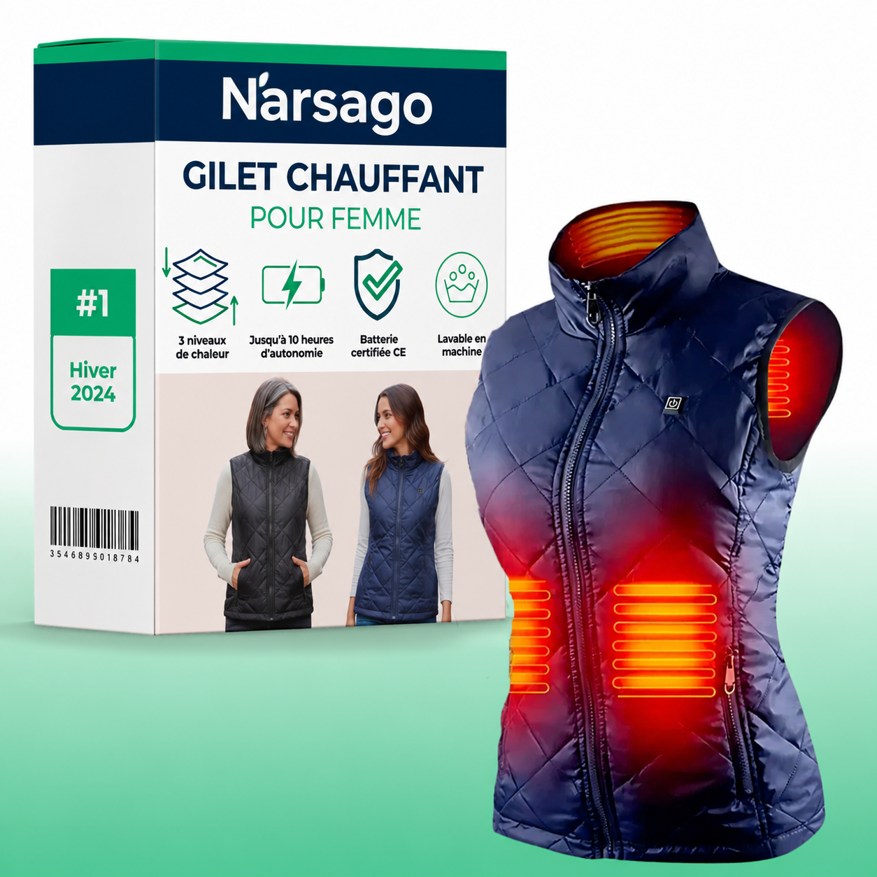 Gilet chauffant Narsago X noir porté par un homme en extérieur, vue de face montrant le design ergonomique