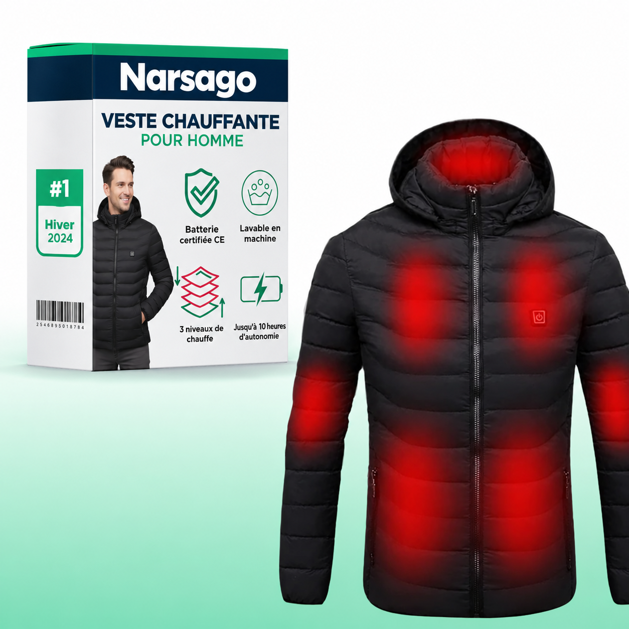 Veste thermique chauffante Narsago X portée, vue de face montrant le design moderne et élégant