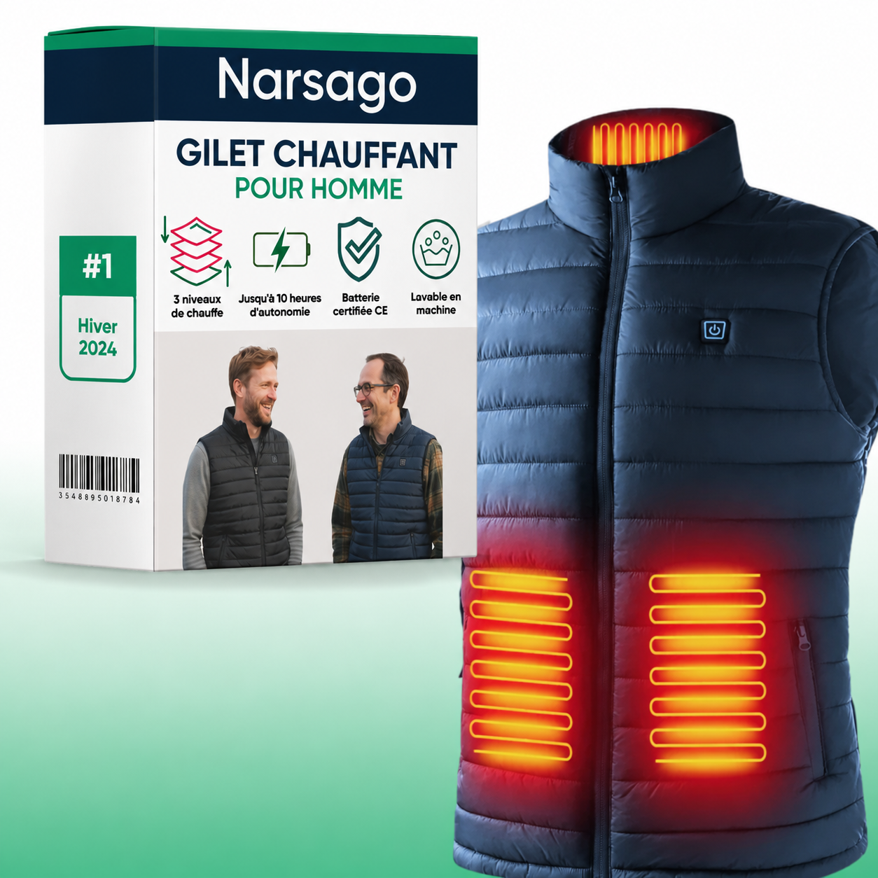 Gilet chauffant Narsago X porté par une personne en extérieur, offrant chaleur et confort instantanés