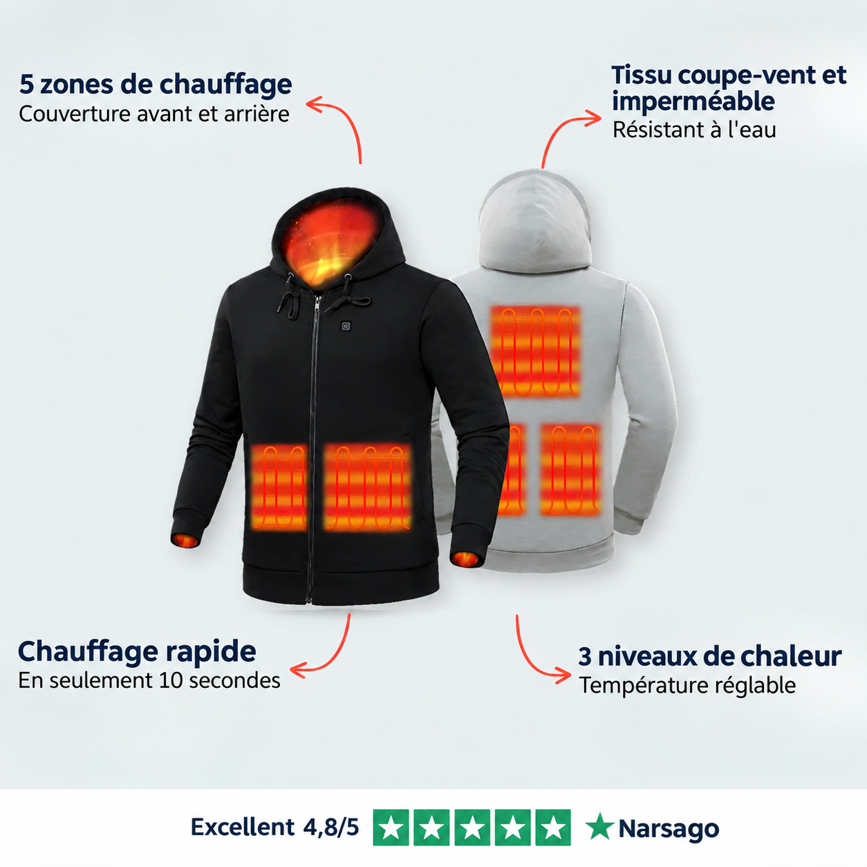 Détail des zones chauffantes du sweat-shirt Narsago X avec batterie connectée