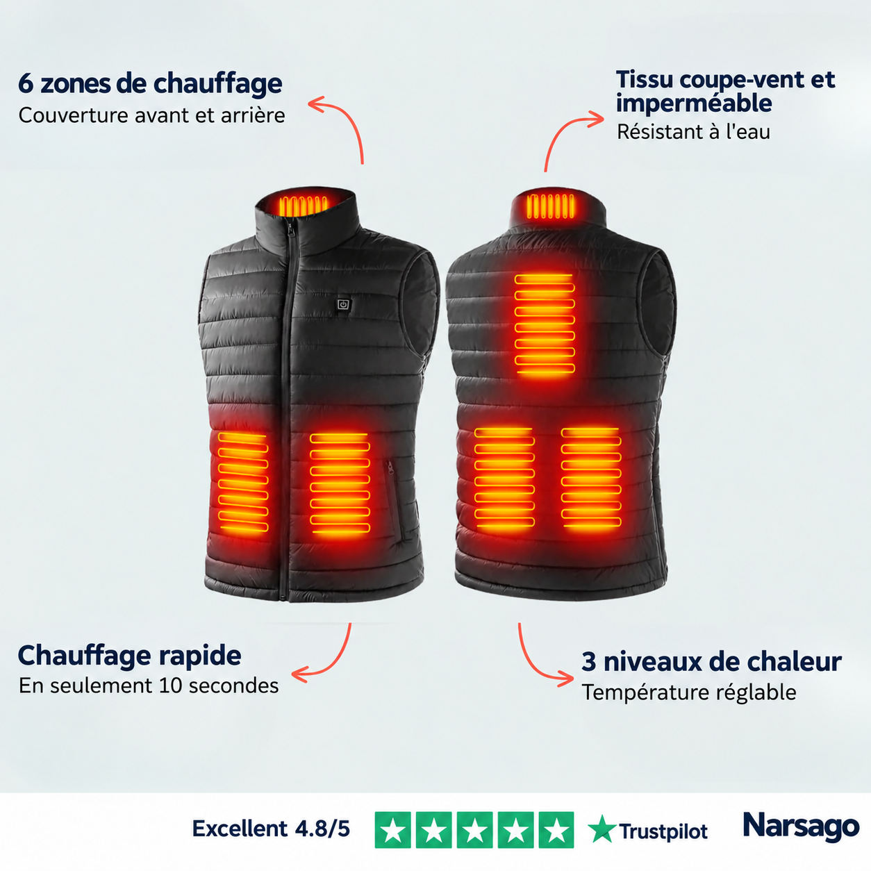 Gilet chauffant Narsago X avec système de chauffage par fibre de carbone et trois niveaux de température réglables
