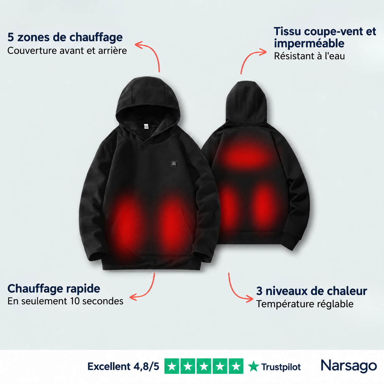 Détail des zones chauffantes du sweat-shirt Narsago X avec éléments en fibre de carbone