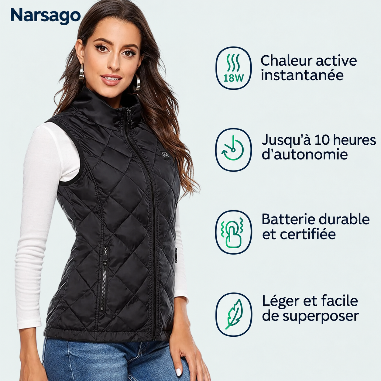 Détail du panneau de contrôle du gilet chauffant Narsago X avec bouton LED et port USB pour batterie externe