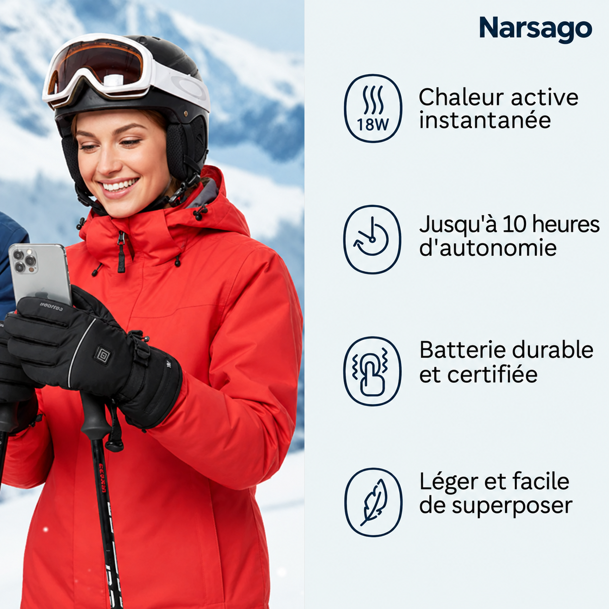 Détail des matériaux et de la conception ergonomique des Gants Chauffants Narsago X