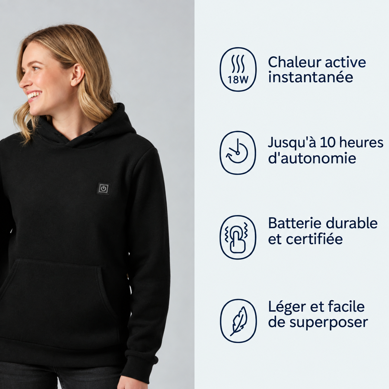 Sweat-shirt chauffant Narsago X présenté à plat montrant la qualité du tissu et les zones de chauffage