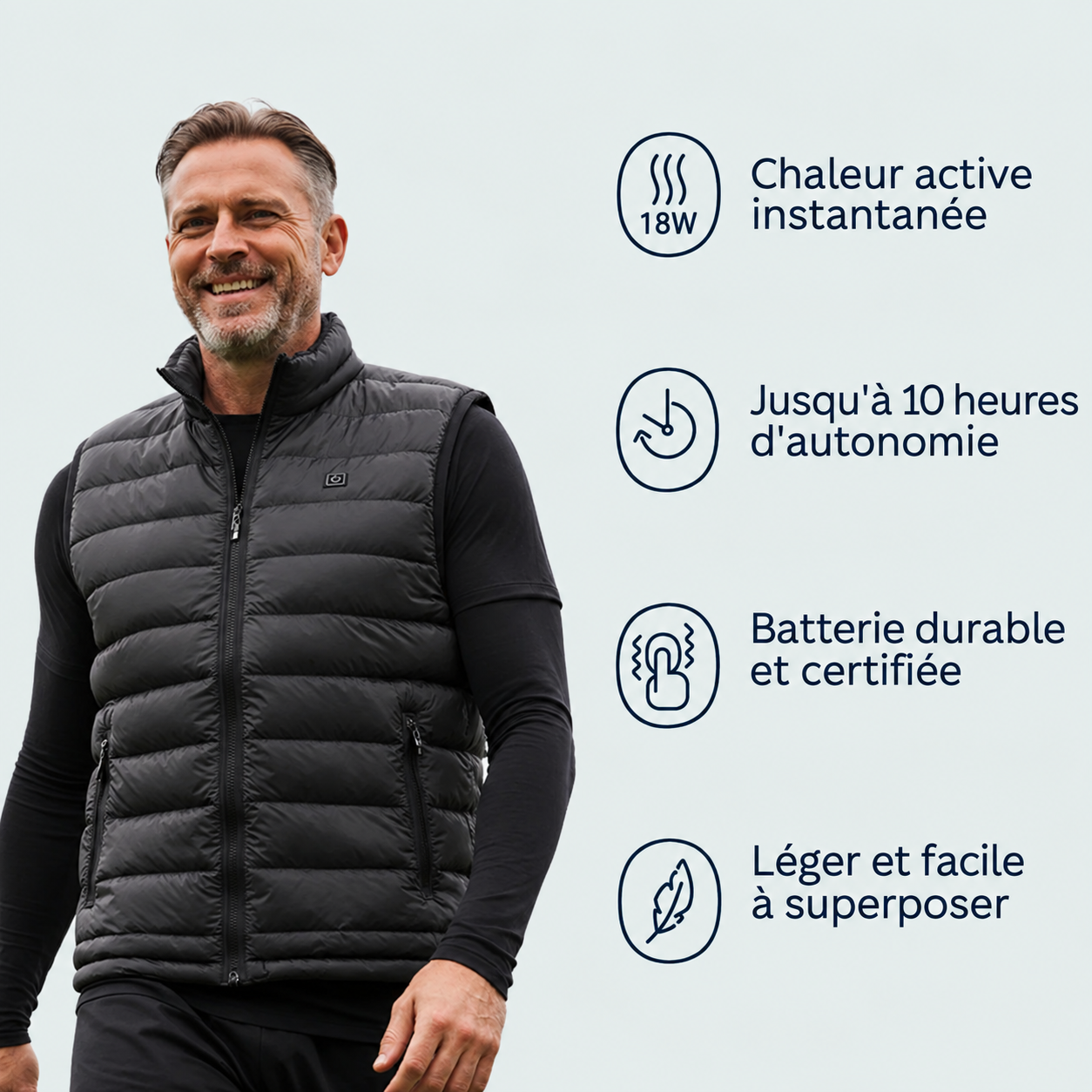 Détail des zones chauffantes du gilet Narsago X : dos, ventre et cou pour une chaleur optimale