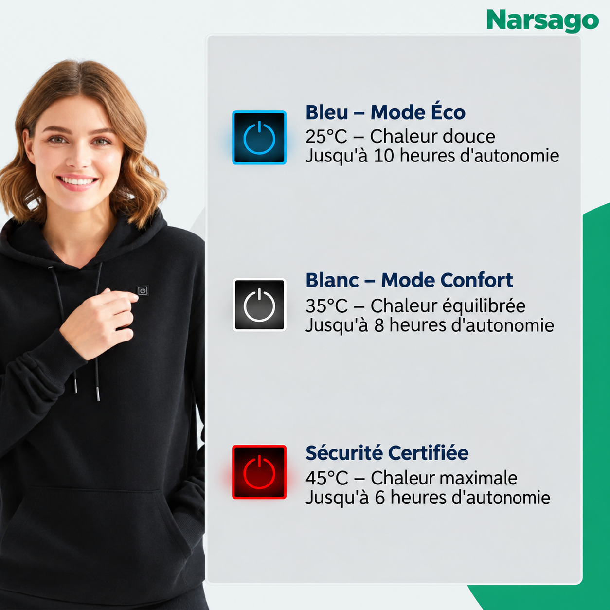 Personne utilisant le sweat-shirt chauffant Narsago X lors d'une activité en extérieur par temps froid