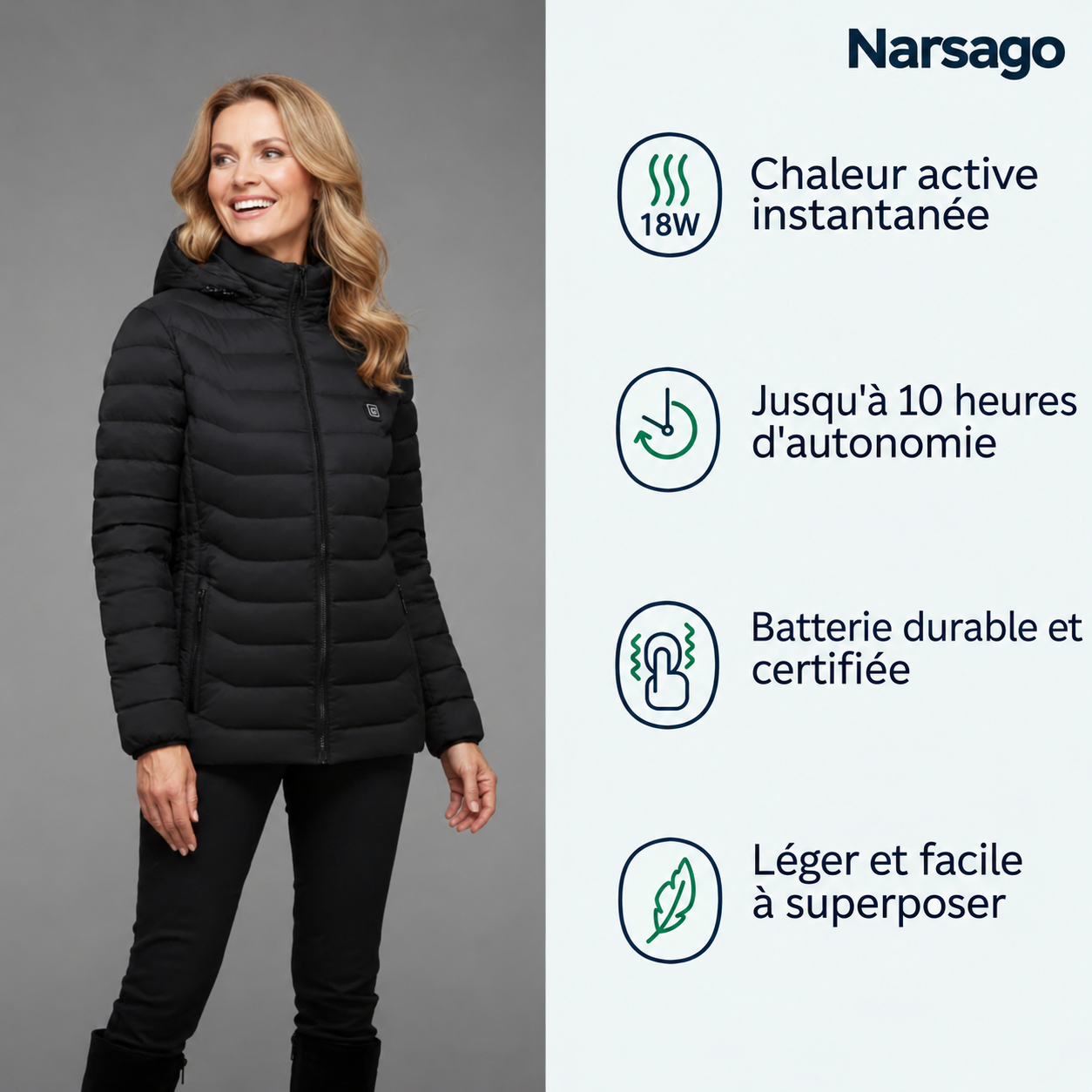 Veste thermique Narsago X avec batterie USB et câble de connexion