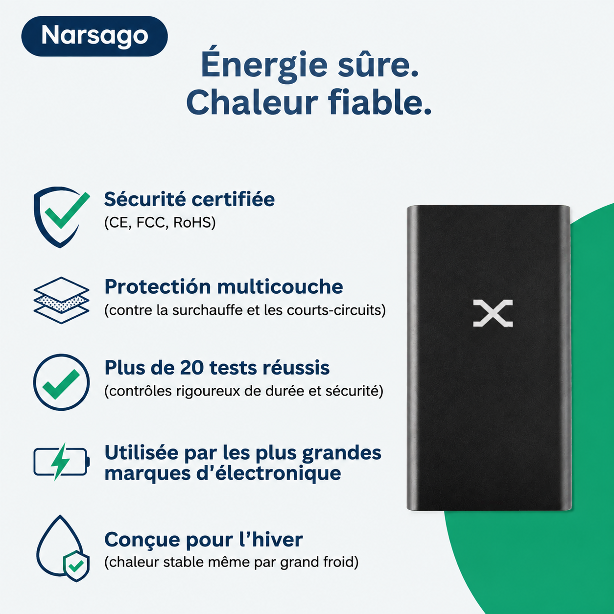 Veste thermique Narsago X présentée à plat montrant la qualité des matériaux et des finitions