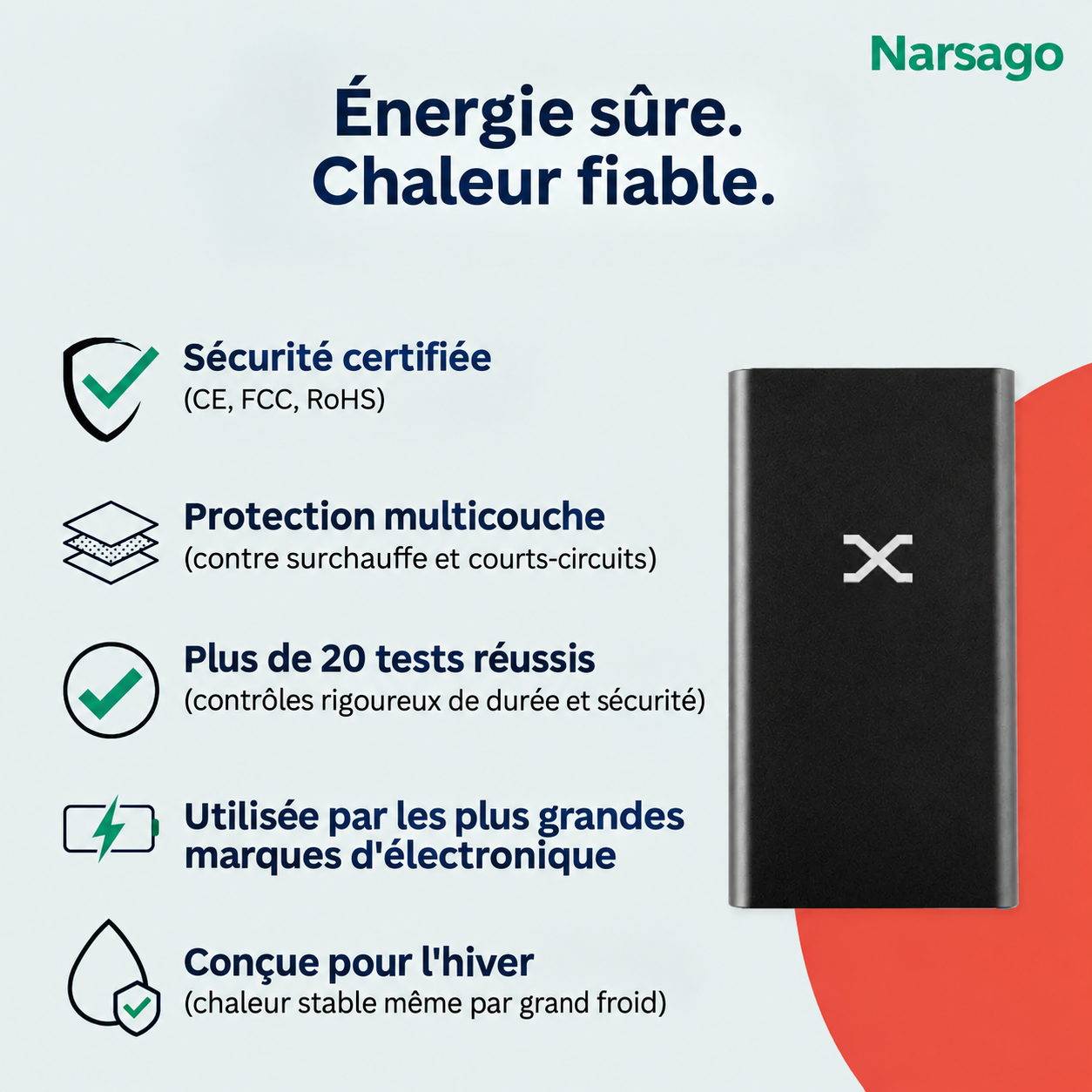 Gilet chauffant Narsago X plié avec batterie externe et câble USB, prêt pour le rangement