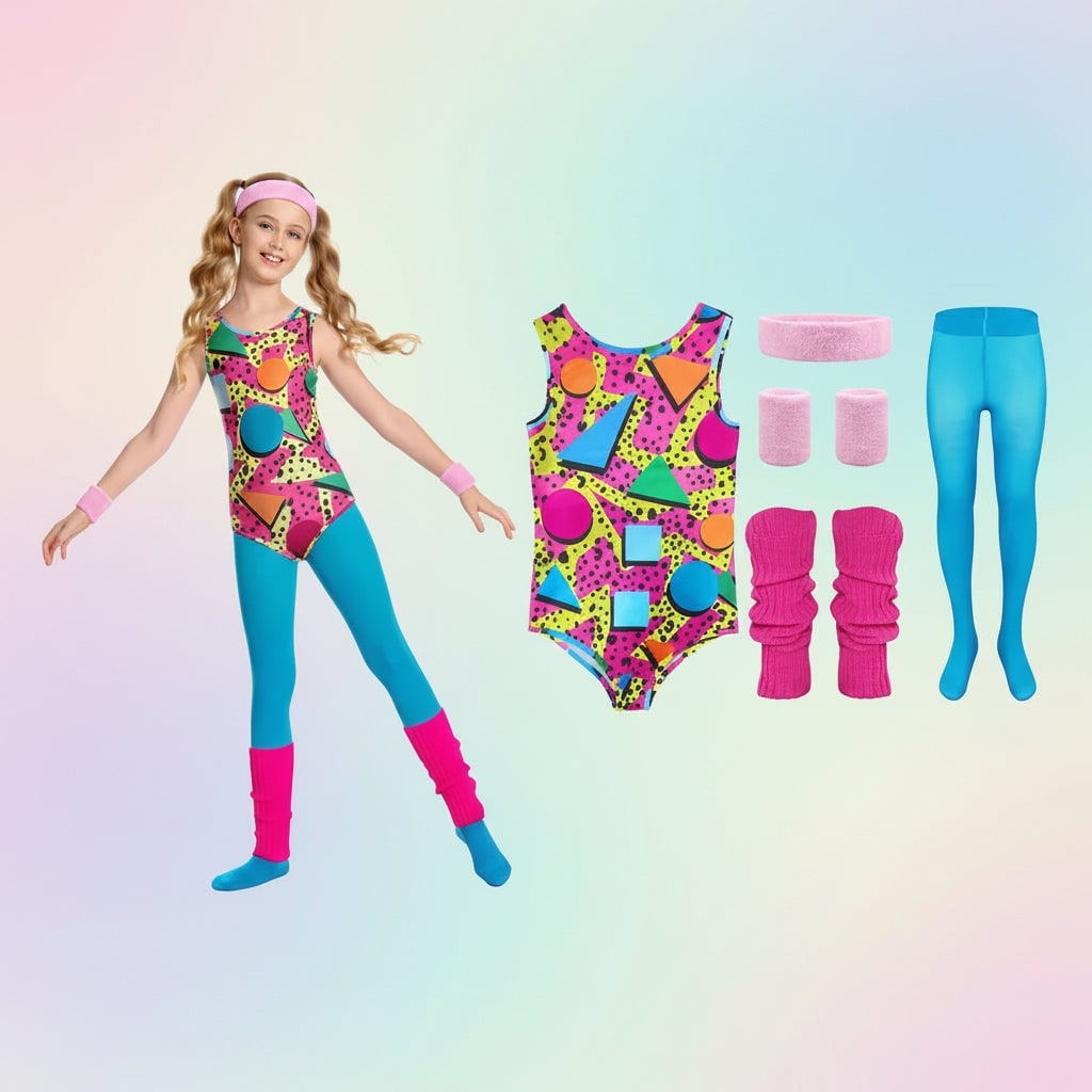 Costume d'Halloween des années 80 pour filles — tenue d'entraînement rétro de fête avec justaucorps et leggings moulants colorés