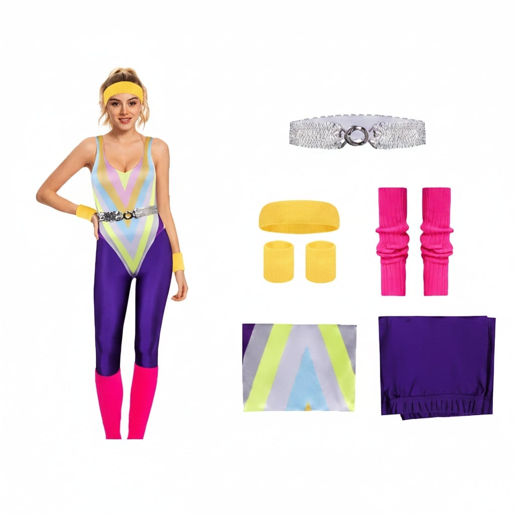 Costume d'Halloween des années 80 pour filles — tenue d'entraînement rétro de fête avec justaucorps et leggings moulants colorés