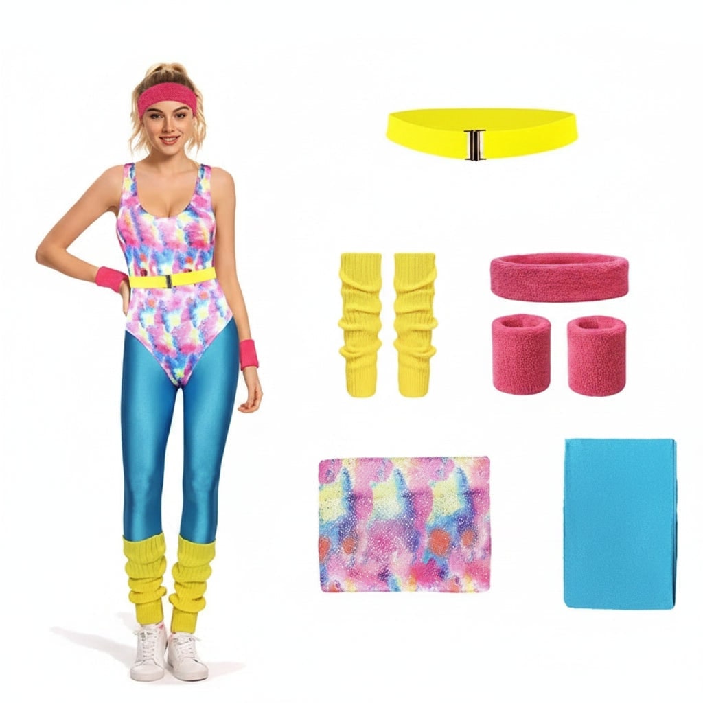 Costume d'Halloween des années 80 pour filles — tenue d'entraînement rétro de fête avec justaucorps et leggings moulants colorés