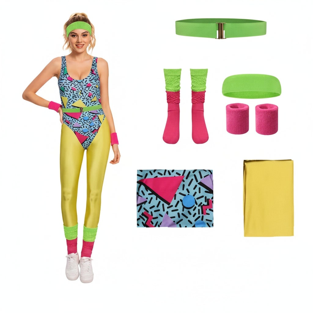 Costume d'Halloween des années 80 pour filles — tenue d'entraînement rétro de fête avec justaucorps et leggings moulants colorés