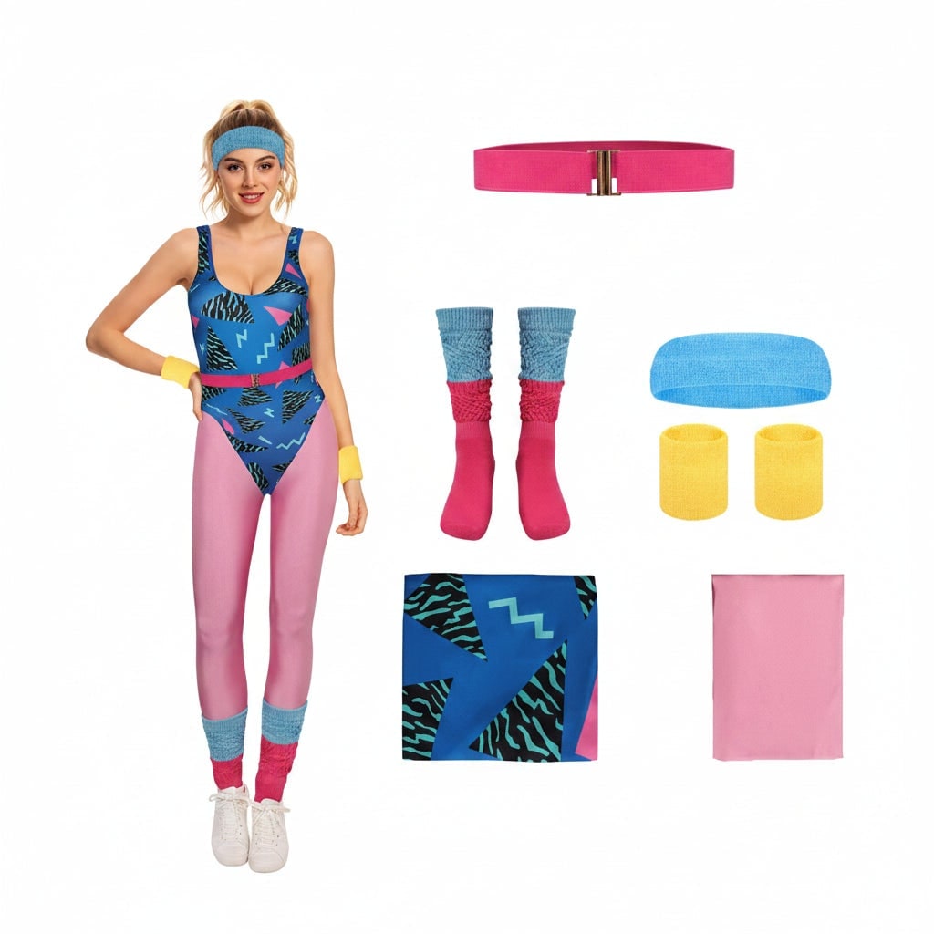 Costume d'Halloween des années 80 pour filles — tenue d'entraînement rétro de fête avec justaucorps et leggings moulants colorés