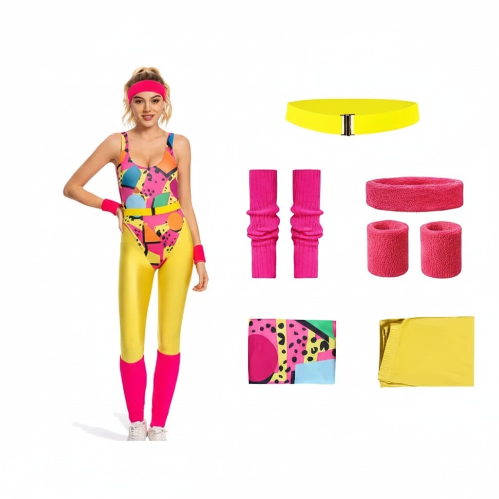 Costume d'Halloween des années 80 pour filles — tenue d'entraînement rétro de fête avec justaucorps et leggings moulants colorés