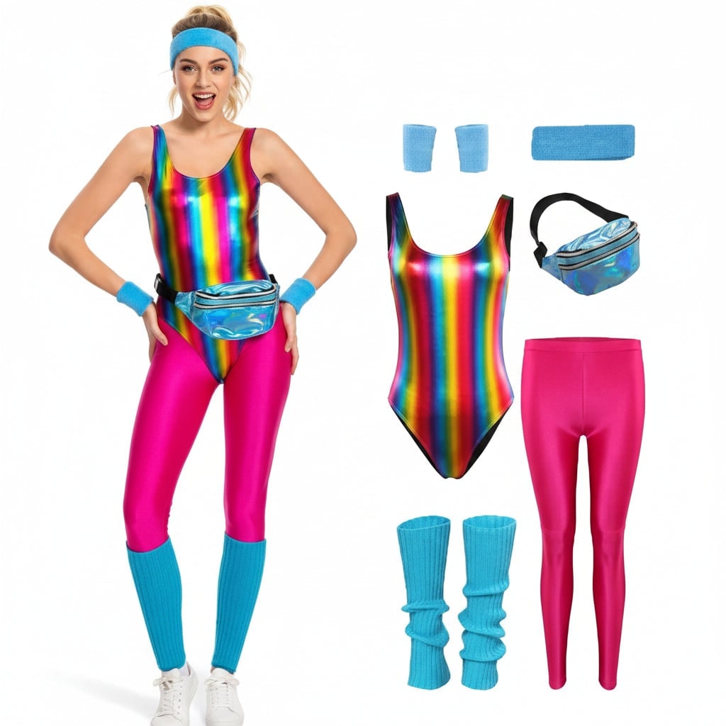 Costume d'Halloween des années 80 pour filles — tenue d'entraînement rétro de fête avec justaucorps et leggings moulants colorés