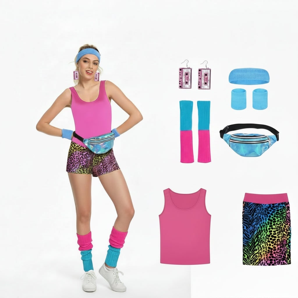 Costume d'Halloween des années 80 pour filles — tenue d'entraînement rétro de fête avec justaucorps et leggings moulants colorés