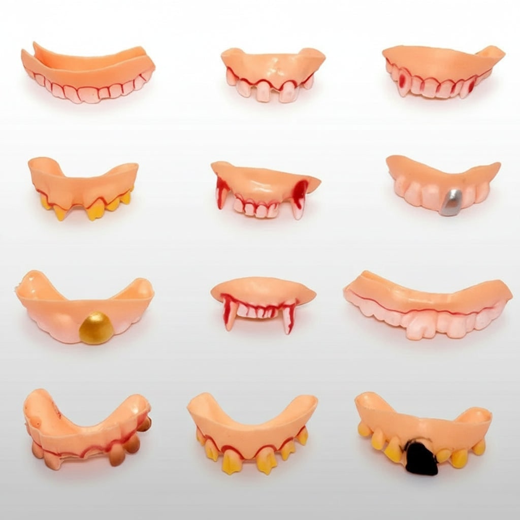 Fausses dents d'Halloween et options de vampire avec des motifs tordus et crocs pour fête costumée