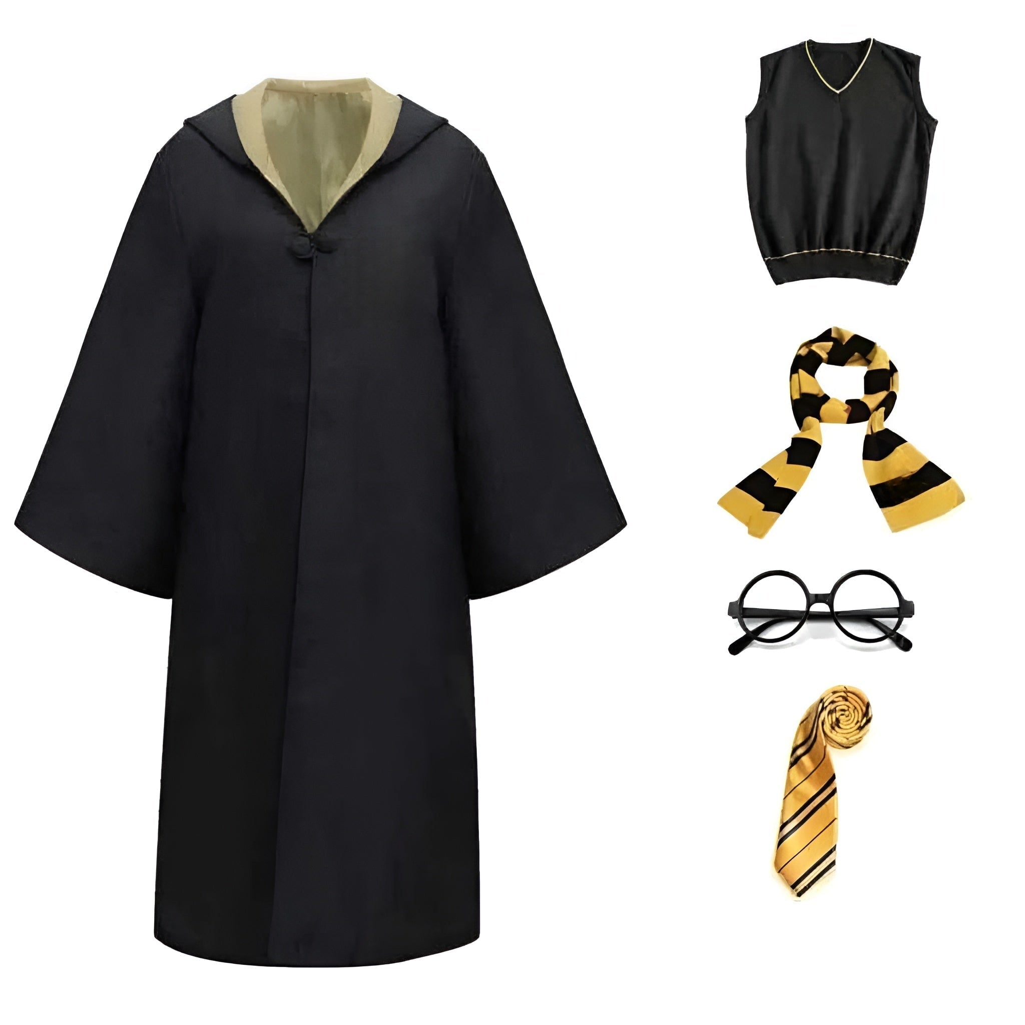 Costume de magicien d'Halloween, tenue avec cape à capuche, manches larges et doublure colorée