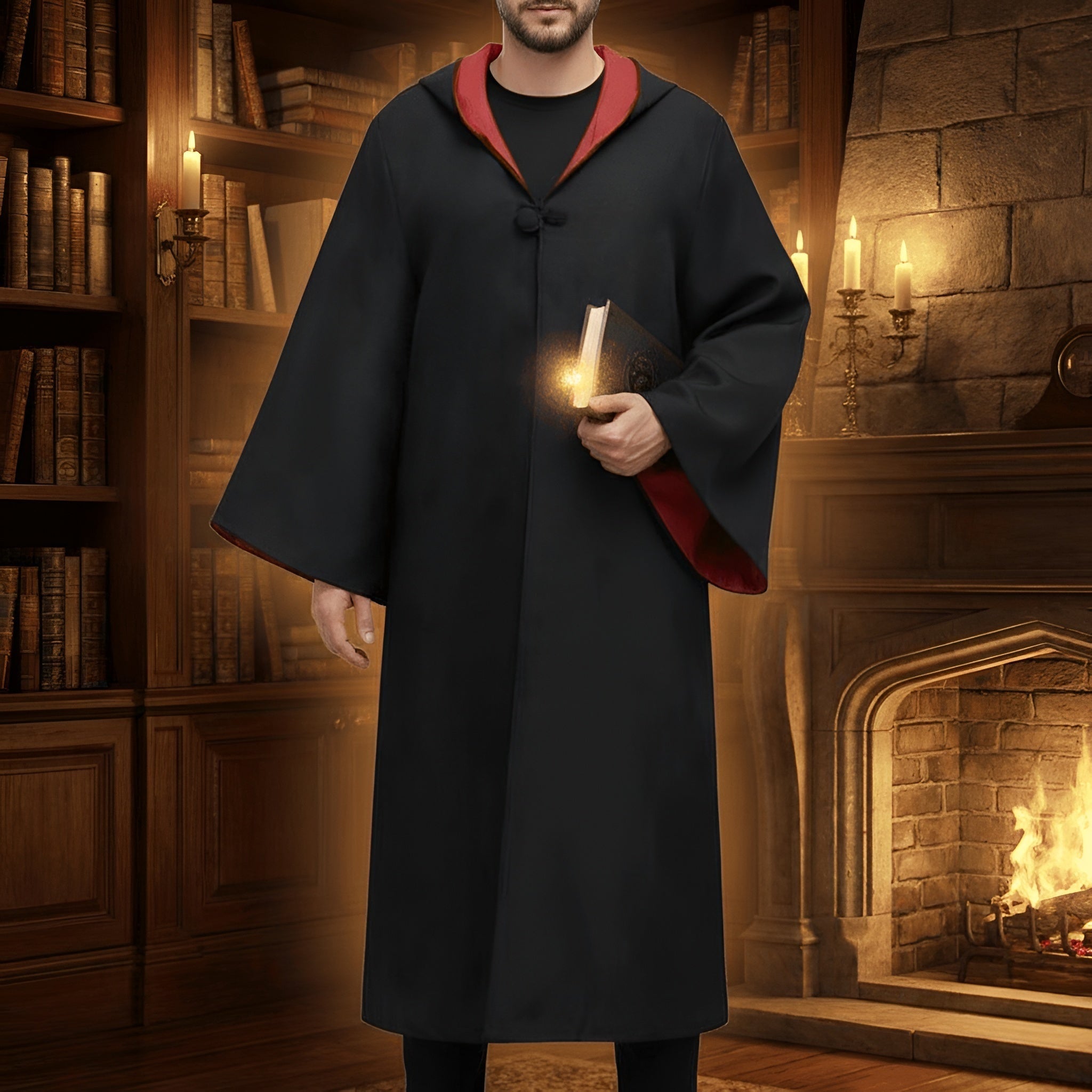 Costume de magicien d'Halloween, tenue avec cape à capuche, manches larges et doublure colorée