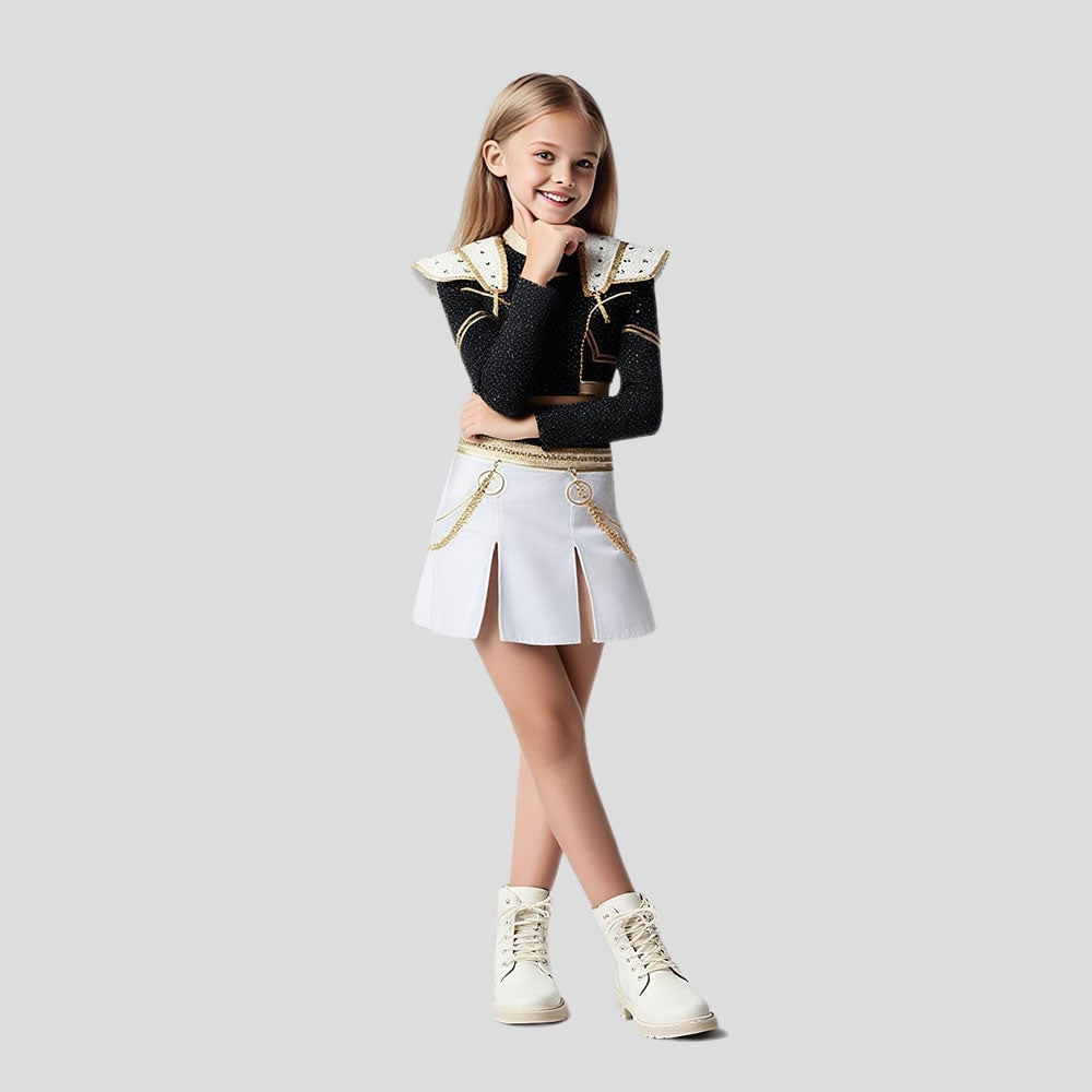 Costume de pom-pom girl zombie pour Halloween avec haut court noir scintillant, jupe plissée blanche et perruque assortie