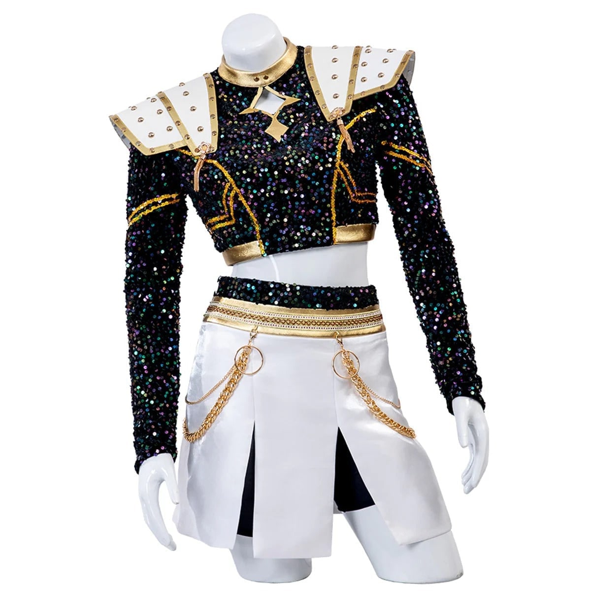 Costume de pom-pom girl zombie pour Halloween avec haut court noir scintillant, jupe plissée blanche et perruque assortie