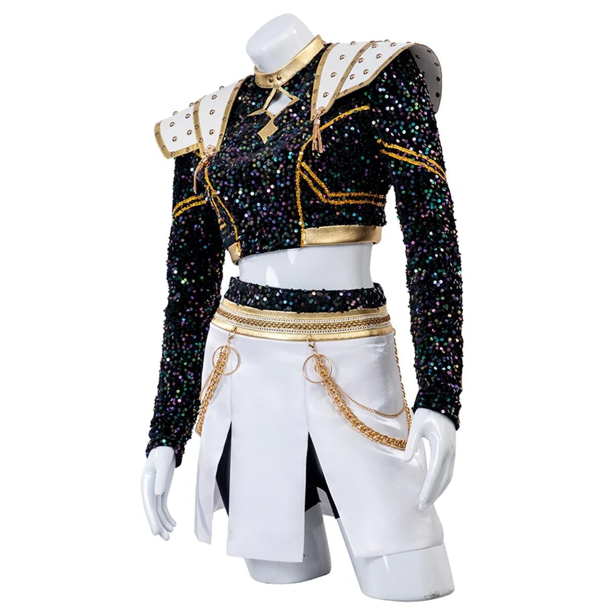 Costume de pom-pom girl zombie pour Halloween avec haut court noir scintillant, jupe plissée blanche et perruque assortie