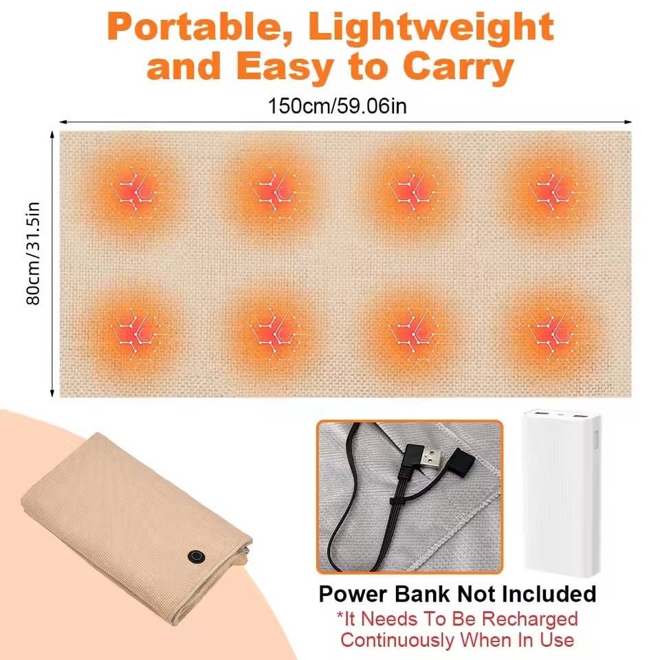 Couverture chauffante châle électrique à alimentation USB à huit zones de chauffe, jeté chauffant sans fil