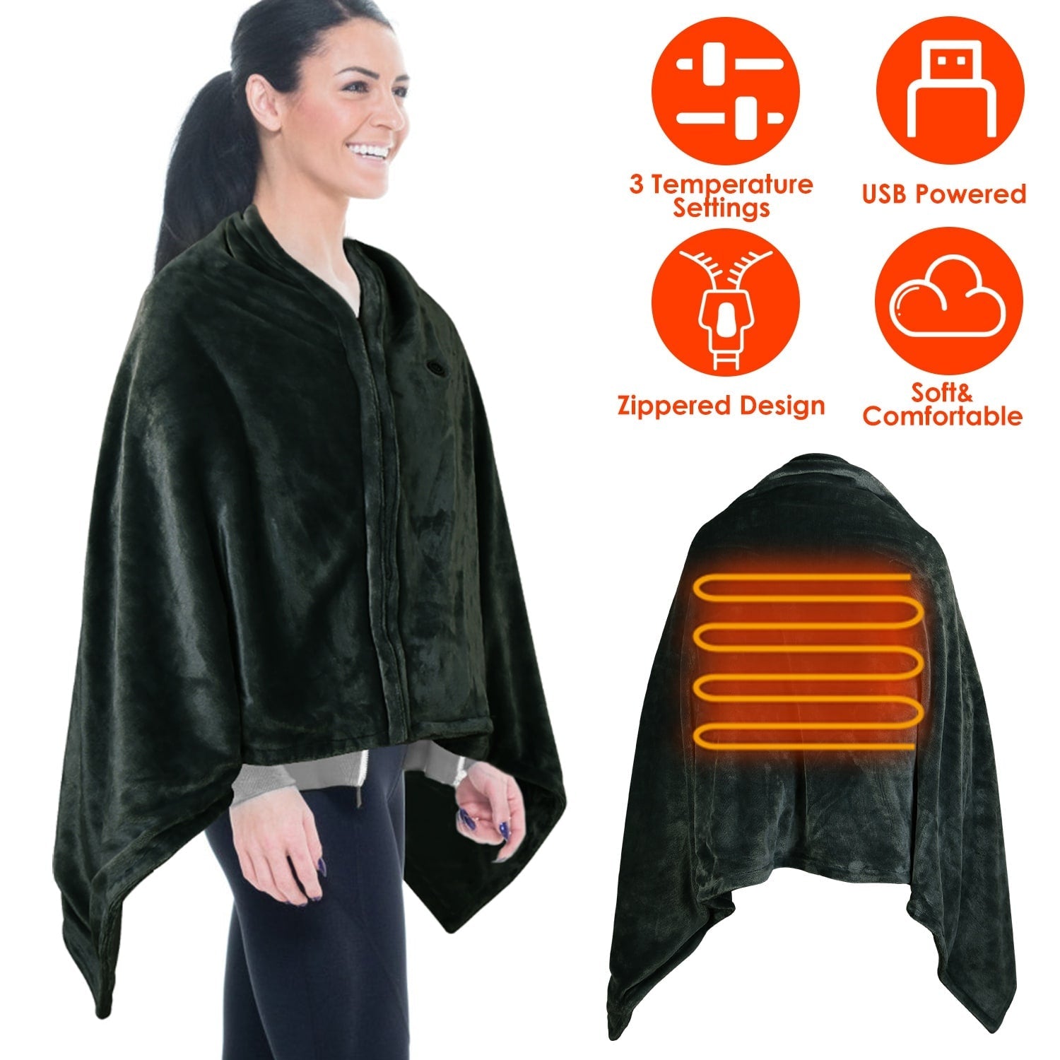 Châle de couverture chauffante avec jet électrique, poncho portable alimenté par USB avec fermeture éclair et poche interne
